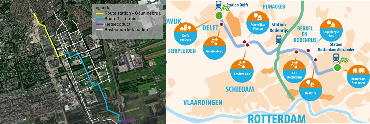 tweeplattegronden van de snelfietsroute tussen Delft en Rotterdam. De linke zoomt in op Delft, de rechter op de gehele route