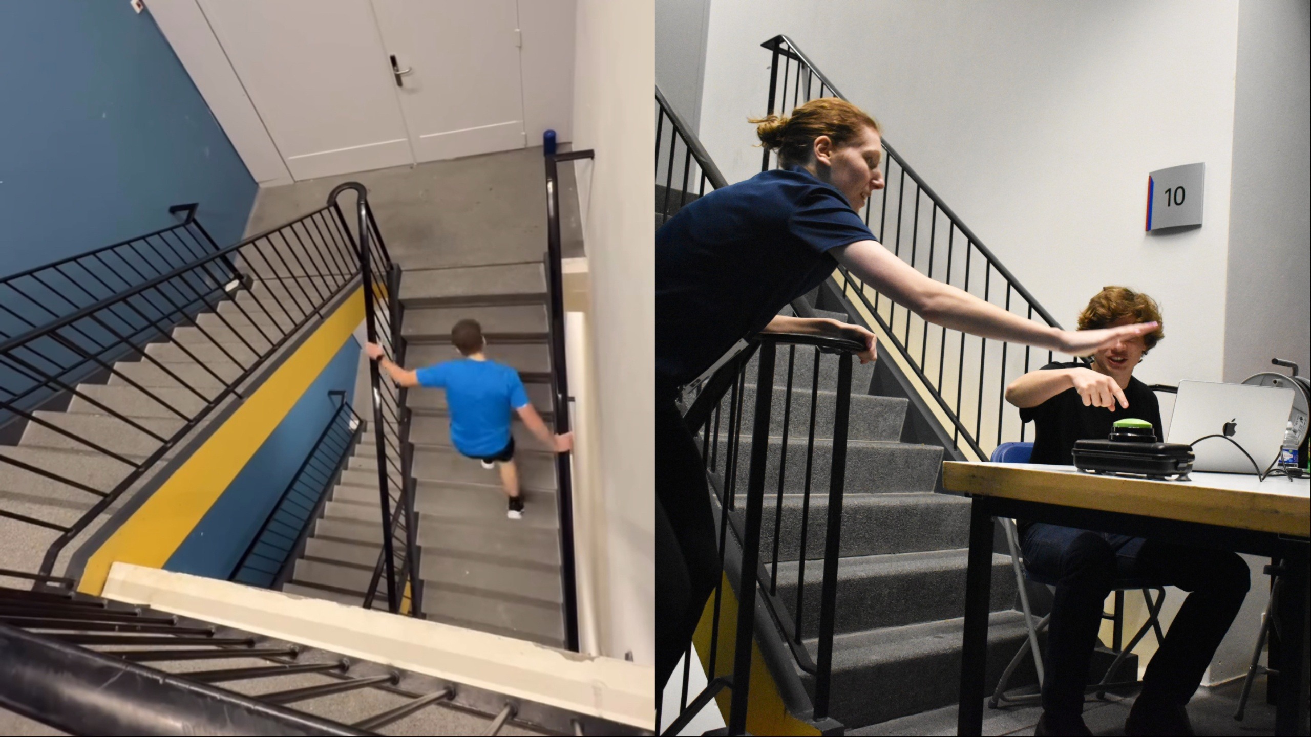 Er zijn hier twee foto's te zien. OP de foto links rent een man een heleboel trappen op. Op de foto rechts is te zien hou een vrouw op een knop druk nadat zij diezelfde trappen is opgerend.