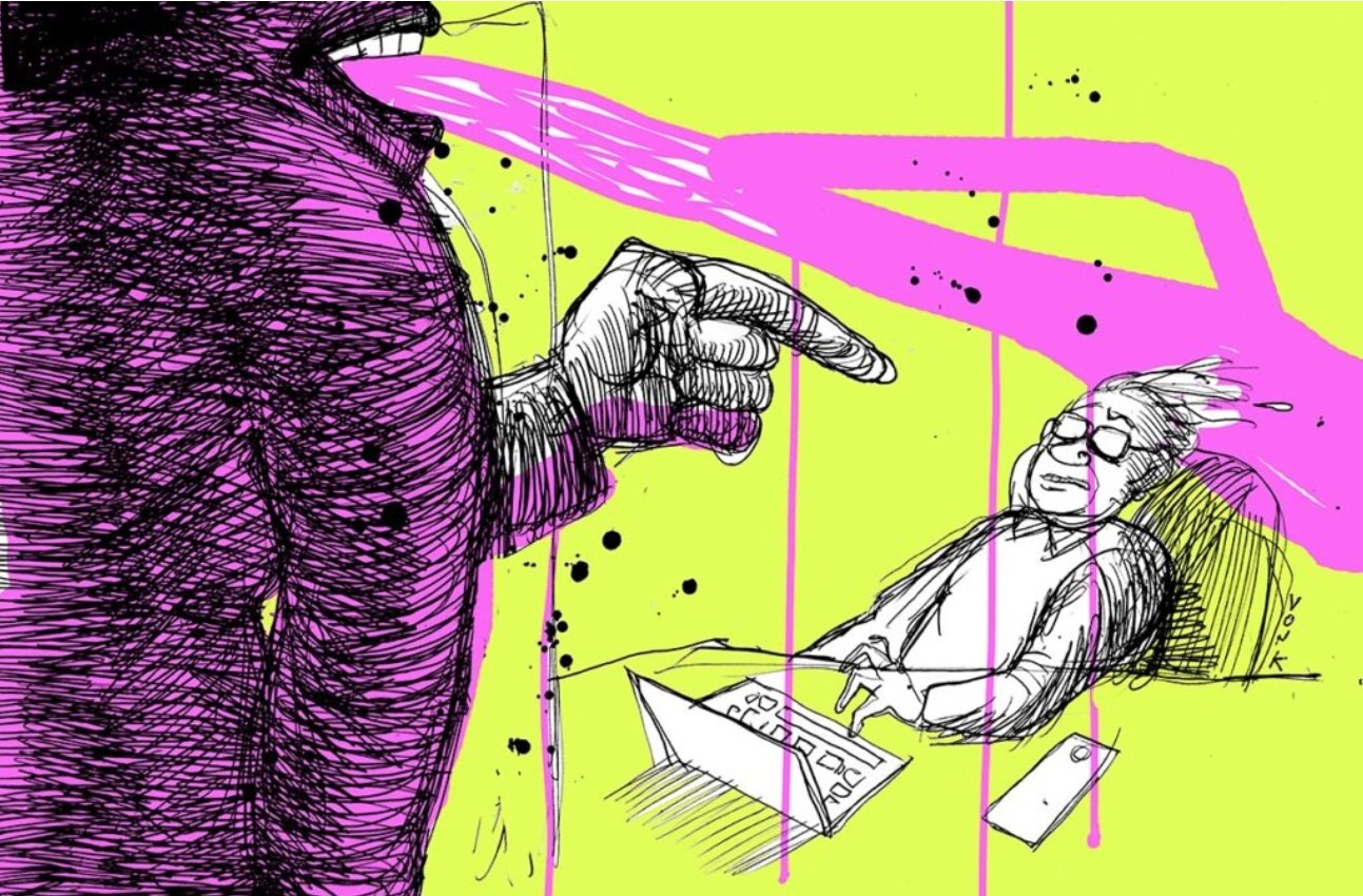 Illustratie van een persoon achter een bureau met laptop die agressief wordt toegesproken door iemand anders die met de vinger wijst.