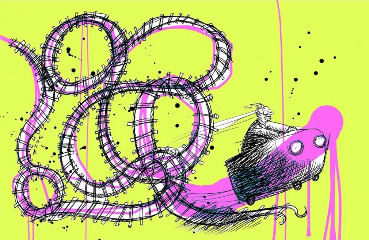 Illustratie van een persoon in een achtbaanwagentje dat van de rails afvliegt