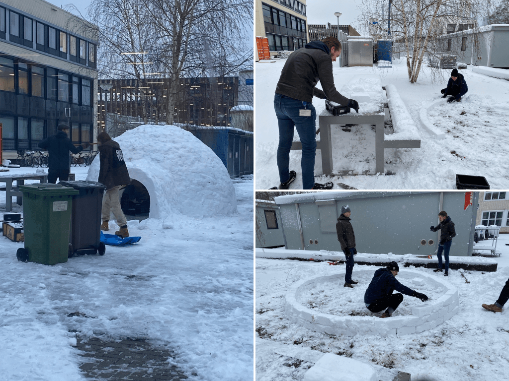 Studenten van ME bouwen een iglo. (Foto: werkplaats ME)