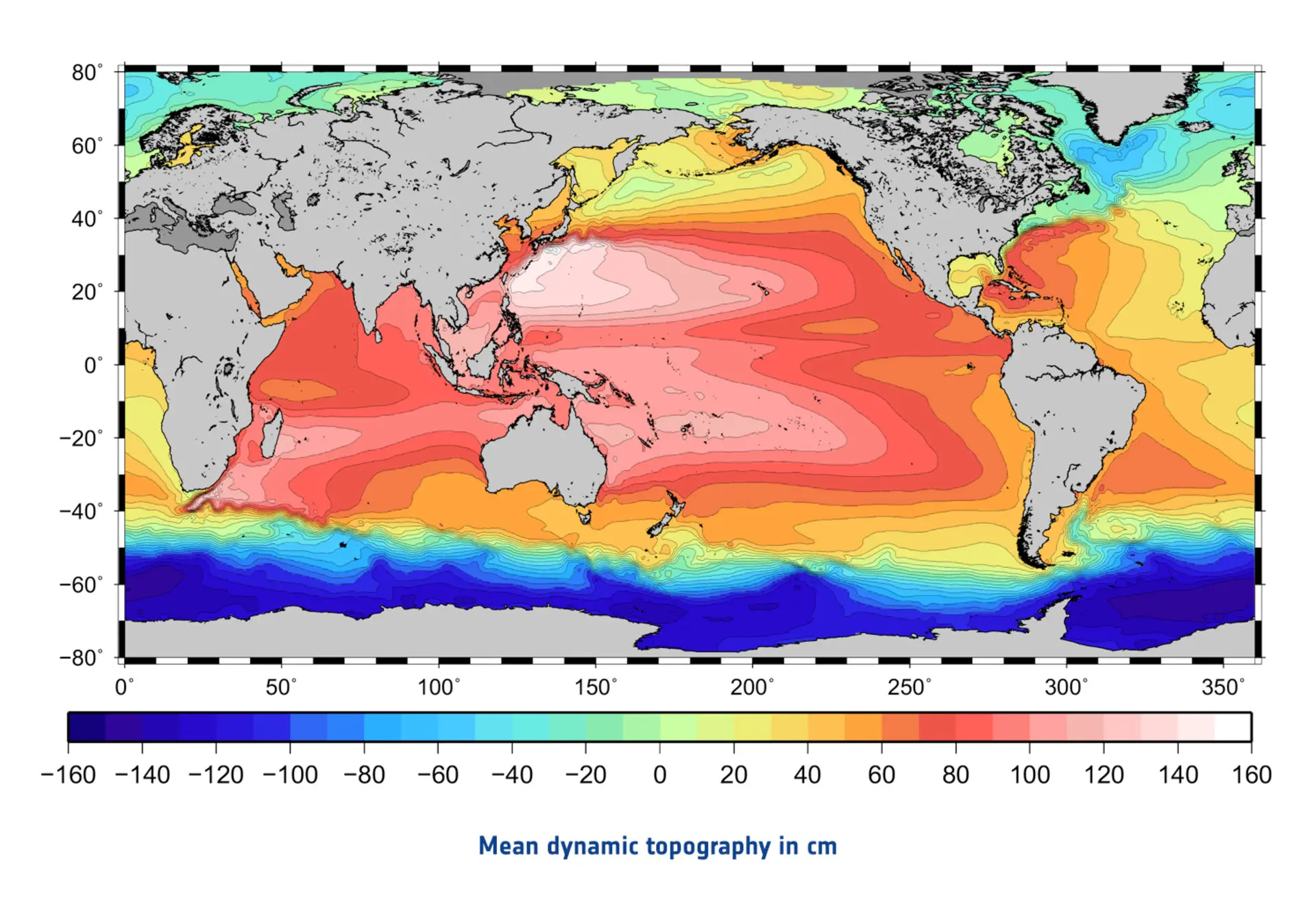 Verschil tussen de geoïde en de zeespiegel (in cm). (Beeld: ESA/CNES/CLS)